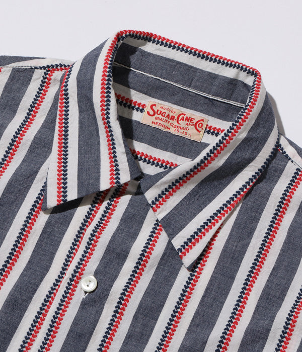 Sugarcane short sleeve Heart Stripe Open Collar Shirt -Navy Blue Stripe