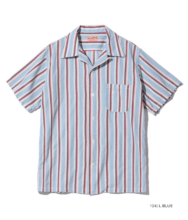 Sugarcane short sleeve Heart Stripe Open Collar Shirt - Light Blue Stripe