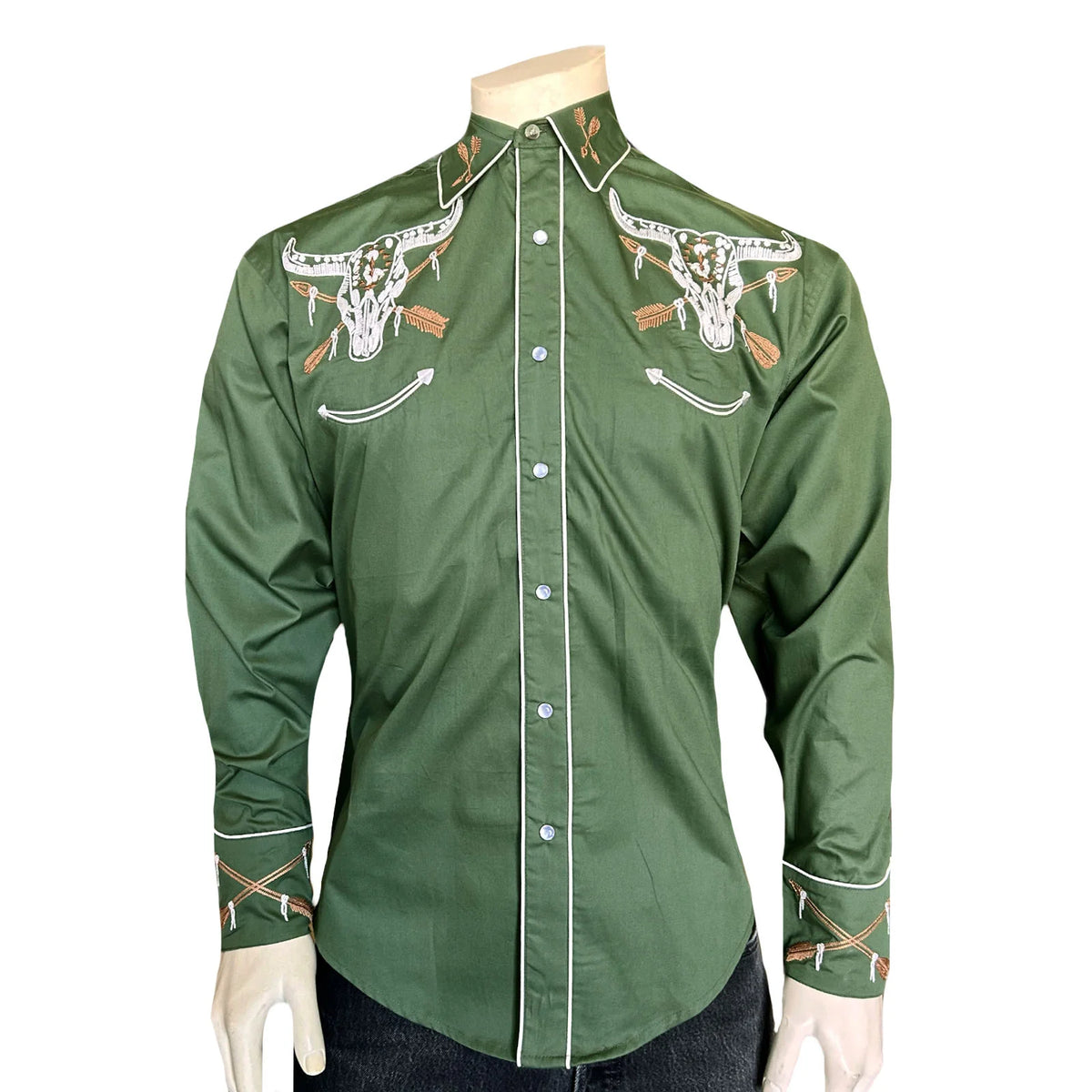 Rockmount Ranchwear Vintage Green Steer Skull &amp; Arrow Chain Stitch Embroidered Western Shirt