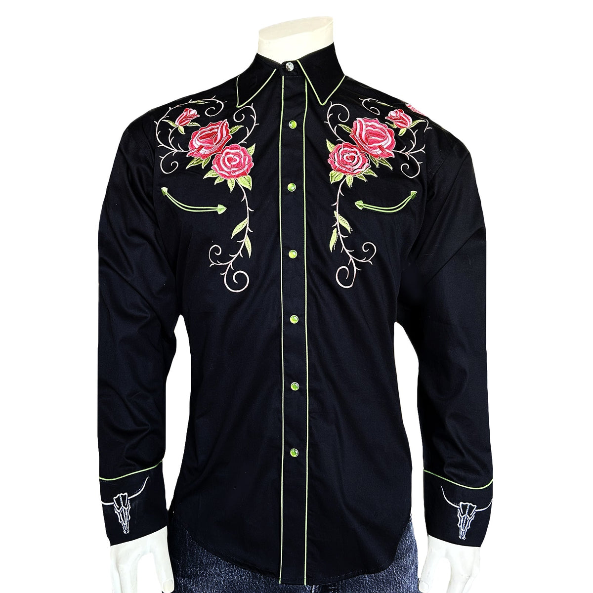 Rockmount Ranchwear Black Steer Longhorn & Floral Embroidered Western Shirt