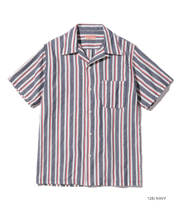 Sugarcane short sleeve Heart Stripe Open Collar Shirt -Navy Blue Stripe