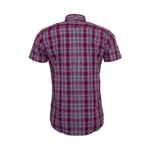 Burgundy/Sky Check Short Sleeve Shirt with Button Down Collar