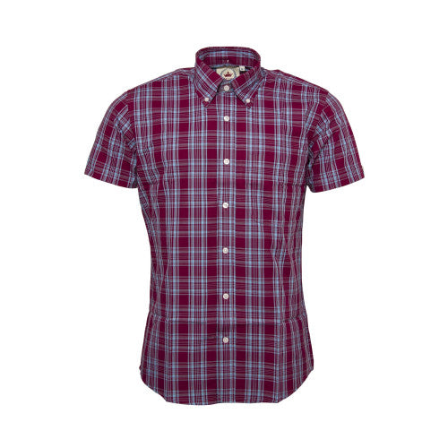 Burgundy/Sky Check Short Sleeve Shirt with Button Down Collar