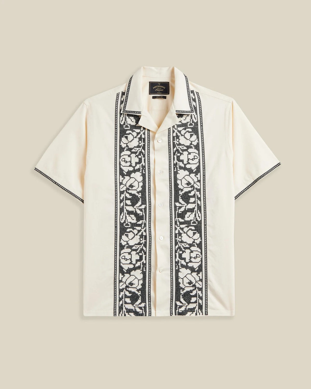 Portuguese Flannel Cross Stitch Short Sleeve Shirt - Ecru