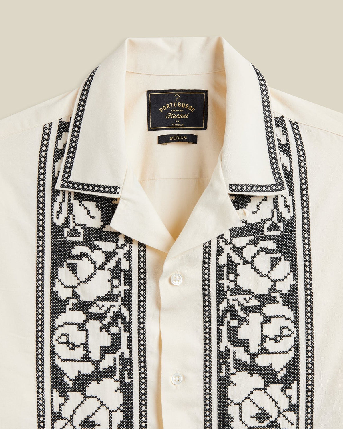 Portuguese Flannel Cross Stitch Short Sleeve Shirt - Ecru
