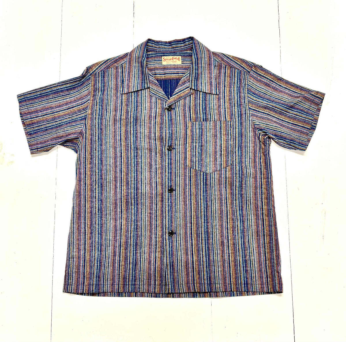 Sugarcane short sleeve Multi Stripe Open Collar Shirt