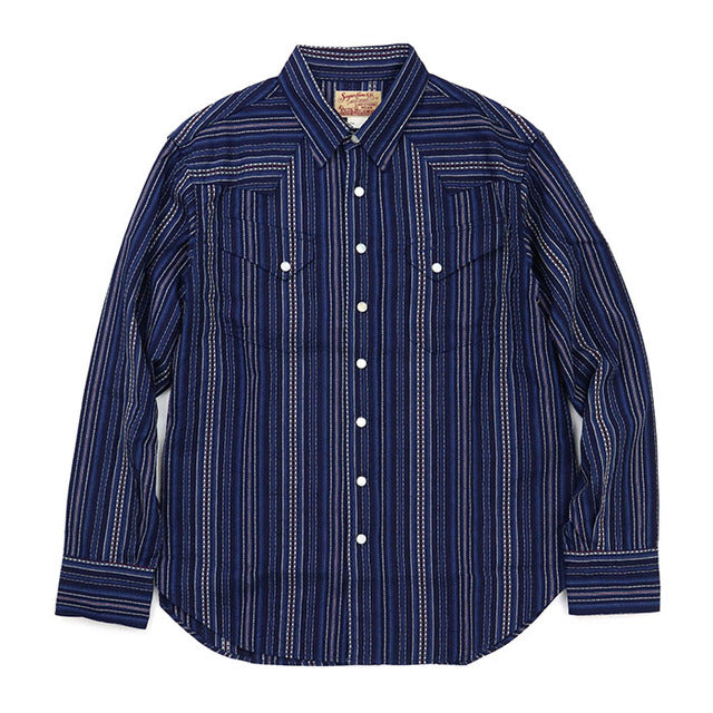 SUGARCANE INDIGO DOBBY STRIPE WESTERN SHIRT