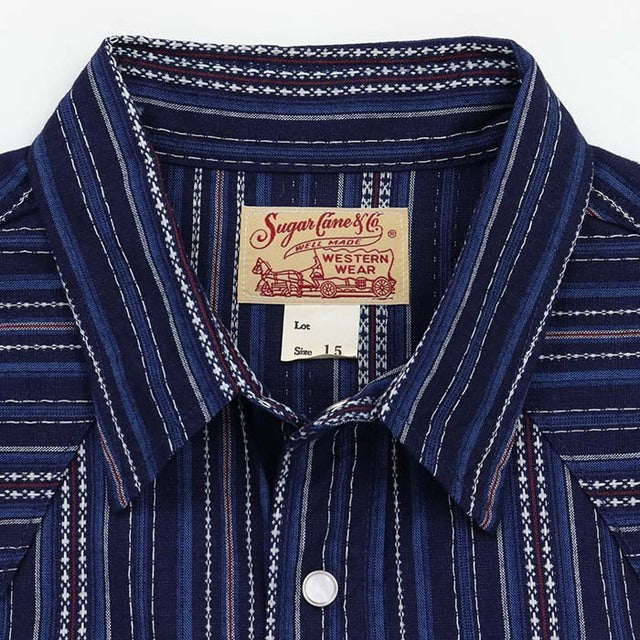 SUGARCANE INDIGO DOBBY STRIPE WESTERN SHIRT