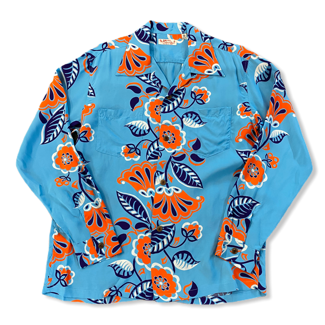 Sugarcane Sun Surf long sleeve Hawaiian shirt - Blue Floral