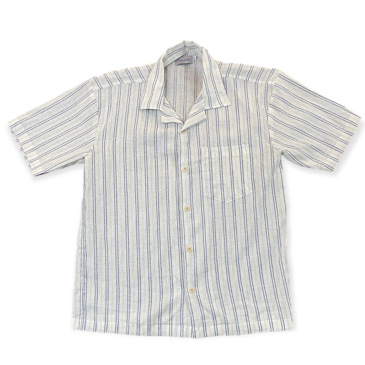 Good Shirt Short Sleeve Open Collar Shirt - Blue Dobby Stripe